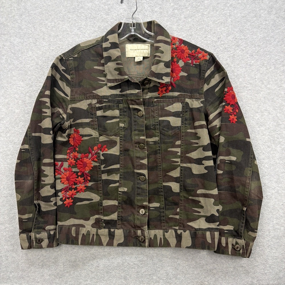 Anthropologie Pilcro Letterpress Denim Jacket Womens Small Camo Floral Anthro